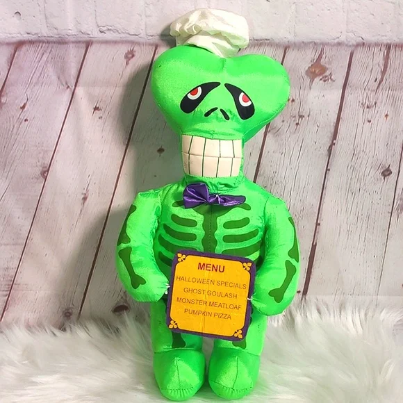 Vtg Y2K Halloween Plush Neon Green Skeleton Ghost Chef Stuffed Animal Sugar Loaf - Picture 2 of 14